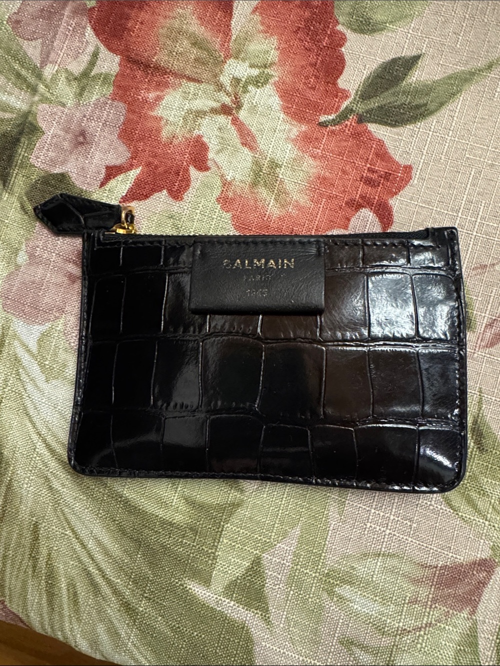 Balmain Black Croc-Embossed Leather Zip Pouch with Gold Hardware
